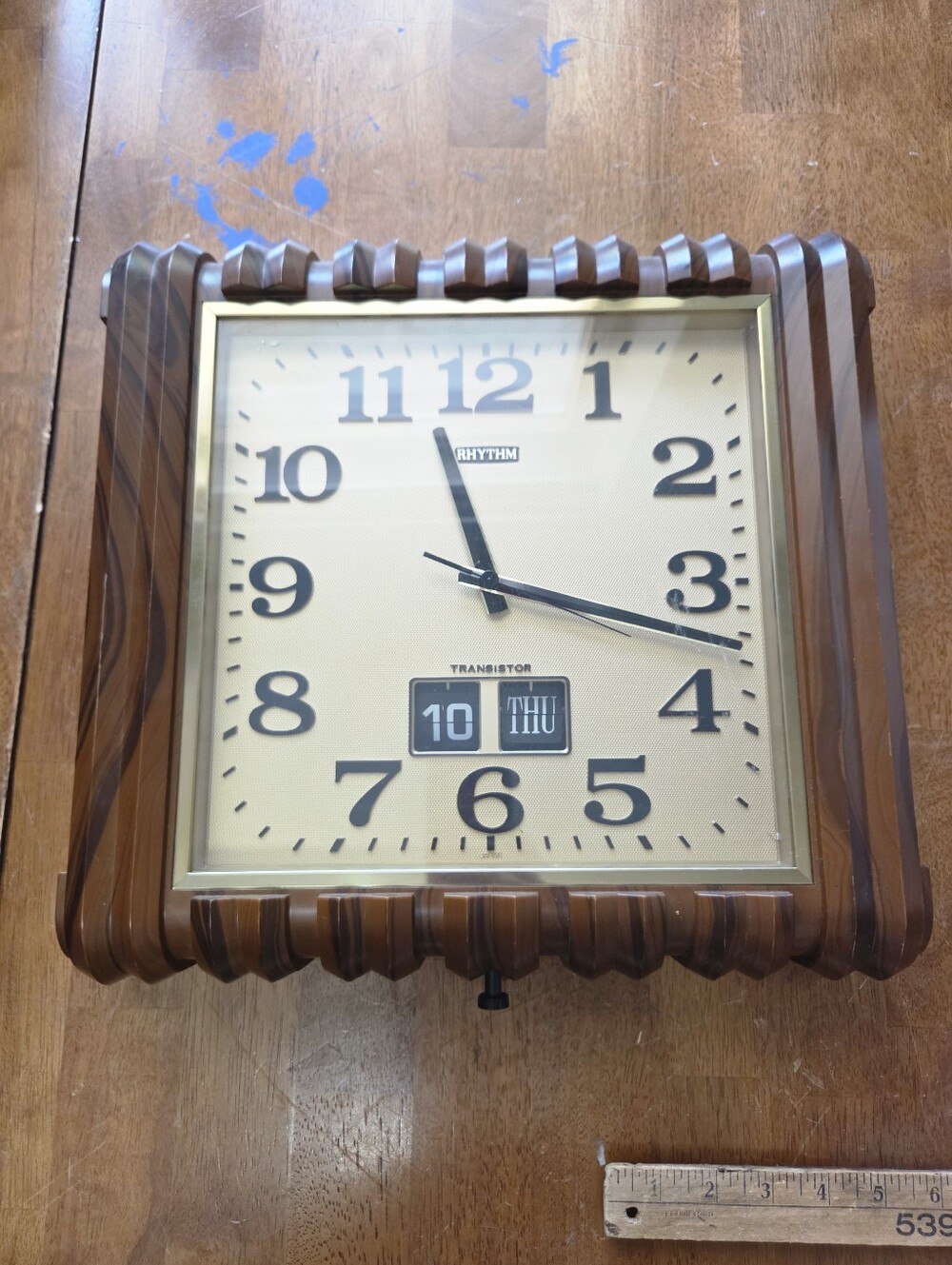 Vintage Rhythm Transistor Wall Clock Day Date Japan Mid Century MCM Wood Grain W